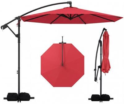 Costway 10 Feet Offset Hanging Umbrella with Base Patio Cantilever Umbrella with Tilt-Red
