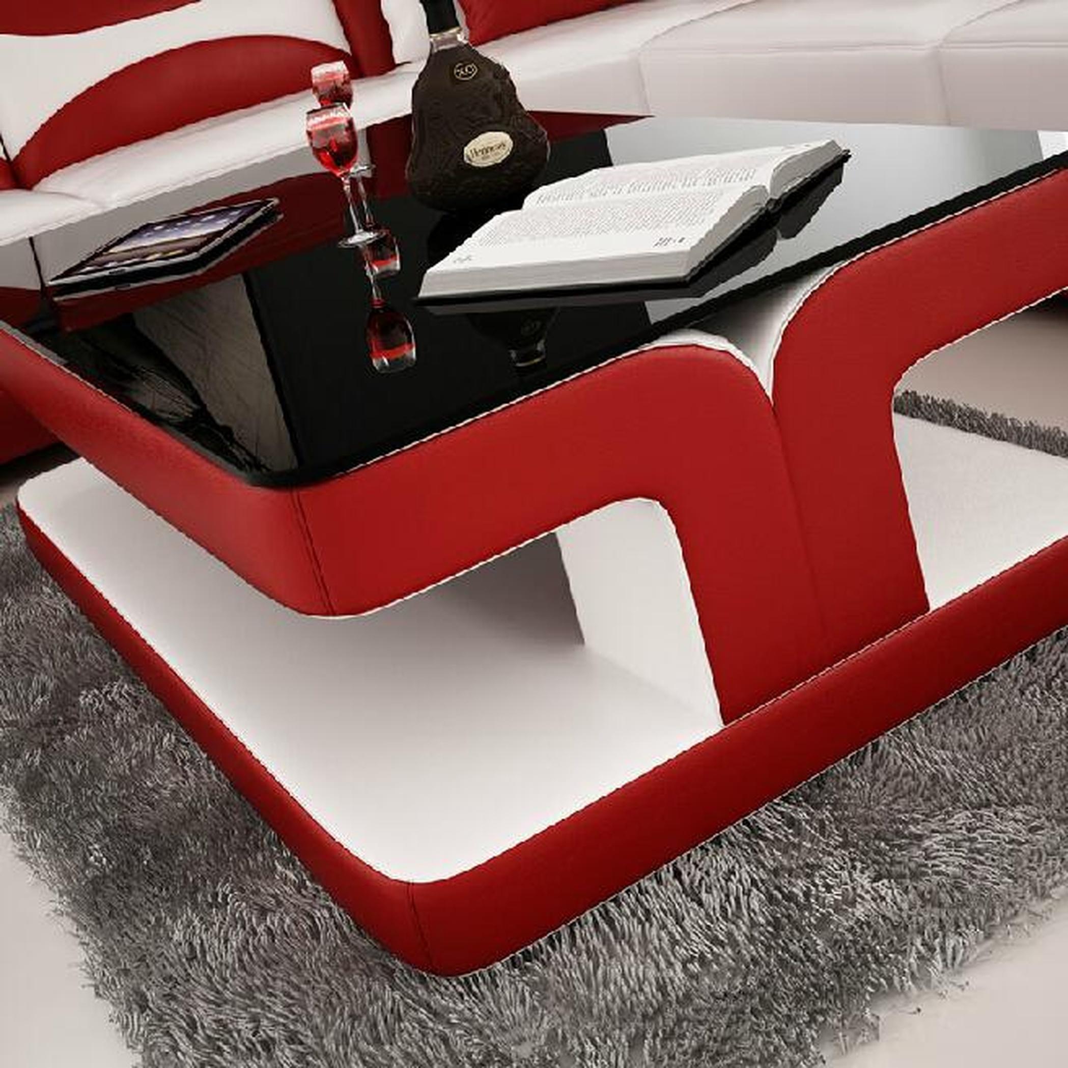 Sofatisch Design Wohnzimmer Leder Kaffee Glas Couch Polster Beistell Tisch Rot