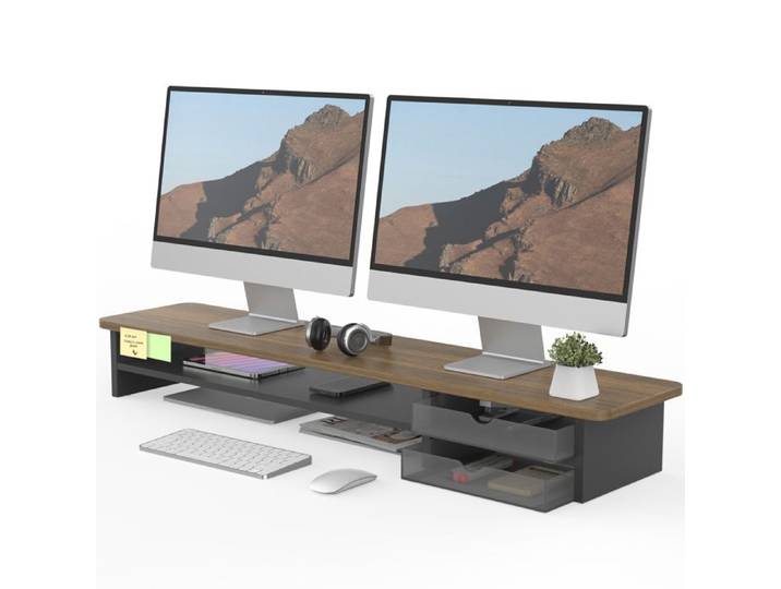 Fenge Réhausseur d'Écran d'Ordinateur avec 2 Tiroirs de Rangement en Acrylique Grand Moniteur Stand 108x23 5x14cm Marron