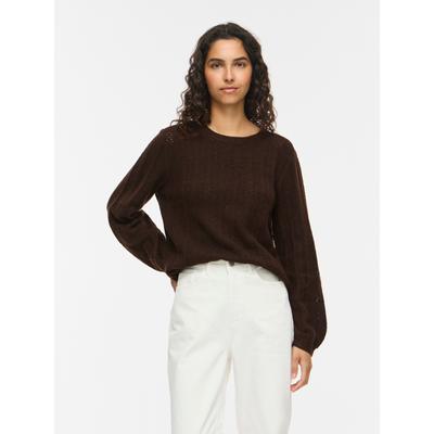 Strickpullover VILA "VILIGA POINTELLE L/S O-NECK TOP -NOOS", Damen, Gr. S, coffee bean detail:melange, Strick, Obermaterial: 97% Polyester, 3% Elasthan, meliert, normal, Rundhals, Pullover Strickpullover, Materialmix