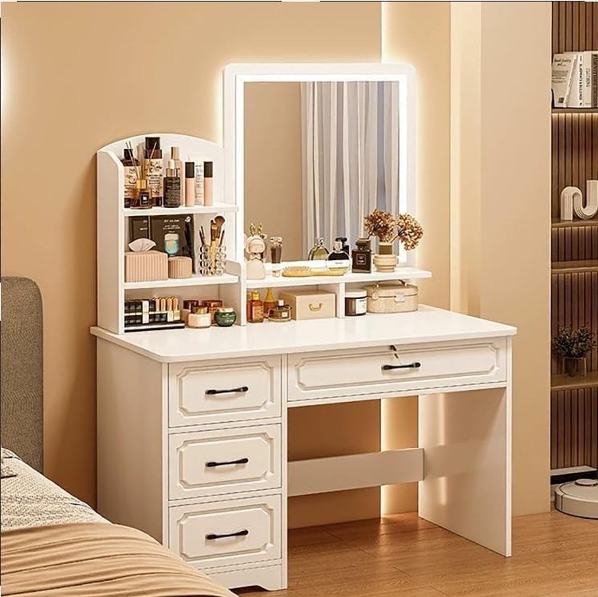 Moderne witte kaptafel met spiegel, 4 lades en open planken