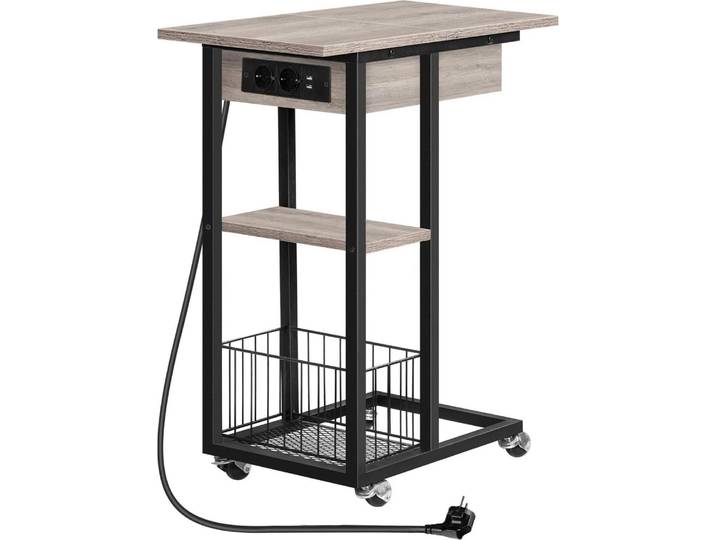 HOOBRO Beistelltisch Ladestation C-Form Sofatisch Räder Ablagefläche Greige-Schwarz