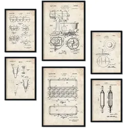POSTER Set Mit 6 Plakaten Mit Küchengeräte Patenten Im Vintage Stil A3 & A4 Rahmenlos