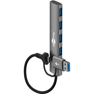 Goobay USB-Hub 2in1 Slim, 79149, grau, mit Metallgehäuse, 4 USB 3.0 Ports, Anschluss-Stecker USB-C / USB-A