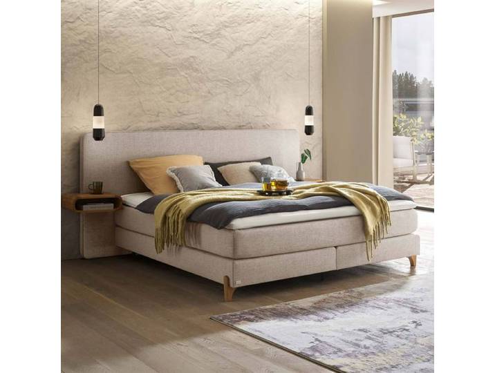 Boxspringbett Marein Webstoff 160x200cm TTF-Box Härtegrad: H2/H3 Beige modern, Mit abnehmbarem Bezug