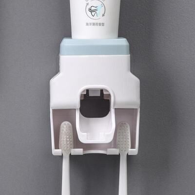 Inspired Deals 2PCS Automatic Toothpaste Dispenser & Wall Mounted Toothbrush Holder Set blue