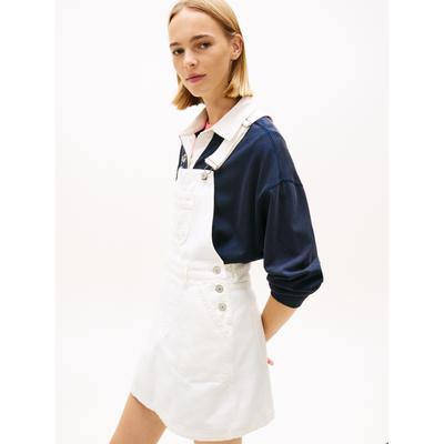 Latzkleid TOMMY JEANS "DENIM DUNGAREE DRESS FLG BJ6099", Damen, Gr. S (36), N-Gr, ohne Ärmel, Denim/Jeans, weiß (denim weiß), Denim/Jeans, Obermaterial: 100% Baumwolle, unifarben, regular fit kurz, Kleider, in Mini-Länge, Regular Fit