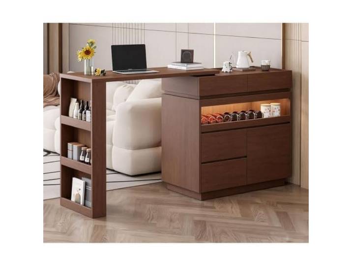 Ausziehbarer Bartisch Sideboard Kombi Raumteiler für Kleine Wohnung Konsolenschrank mit Stauraum für Wohnzimmer Balkon Sofaseite Wandnah(Walnut)