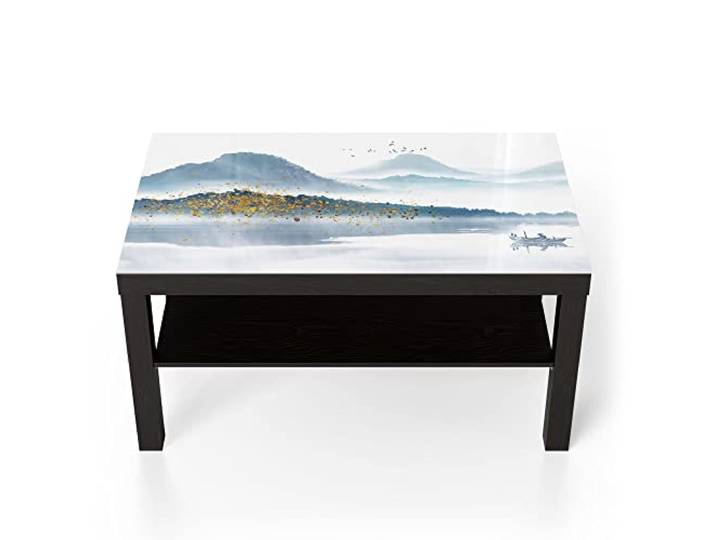 DEQORI Glastisch schwarz groß 90x50 cm Motiv Berge mit Farbakzenten ausgefallener Beistelltisch aus Glas Hochglanz Couchtisch fürs Wohnzimmer moderner Couch Tisch mit Design