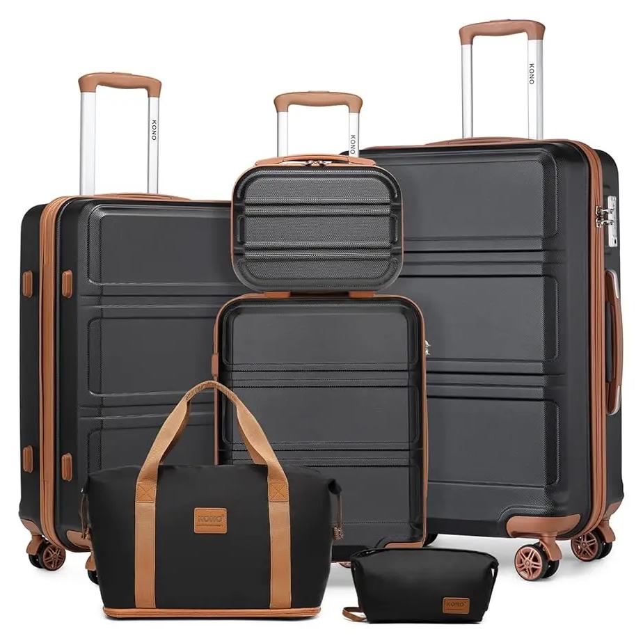 Koffer-Set - Leichter Hartschalenkoffer - ABS+PC - 4 Doppelrollen - TSA-Schloss - 6-teilig - Schwarz