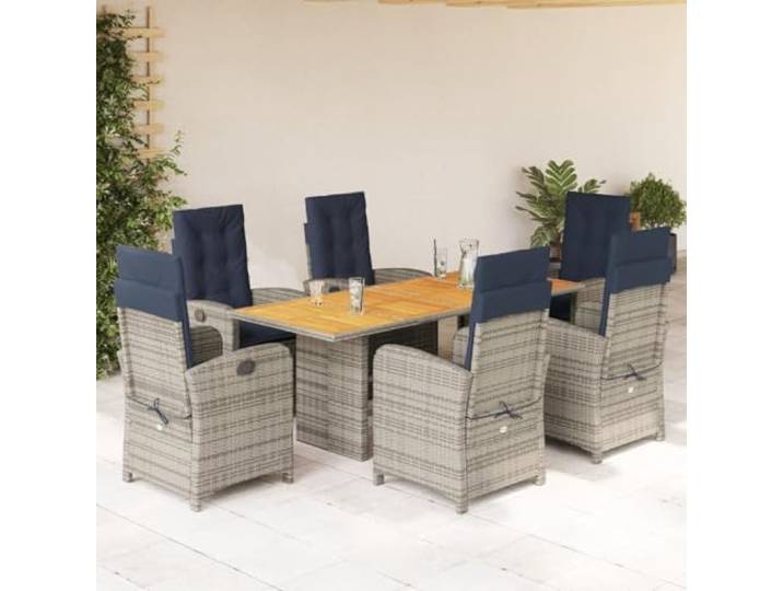 ZQQLVOO 7-TLG. Garten-Essgruppe Beige Poly Rattan Mit Kissen Klappstühle, Akazienholz Tischplatte, platzsparende Aufbewahrung, abnehmbare Bezüge