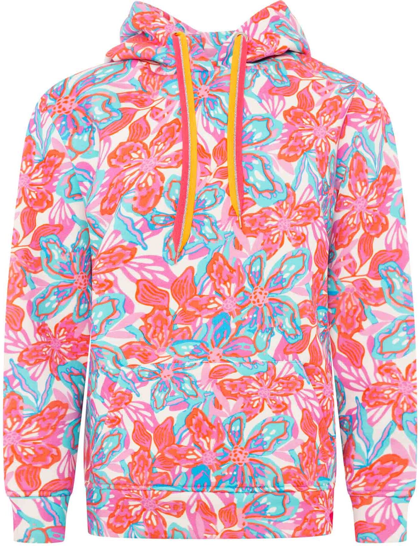 Hoodie ZWILLINGSHERZ "Flower Sparkles", Damen, Gr. L/XL, bunt, Sweatware, Obermaterial: 50% Baumwolle, 50% Polyester, Sweatshirts Hoodie, farbenfrohes florales Muster, Neondetails, Kapuze, Fronttasche