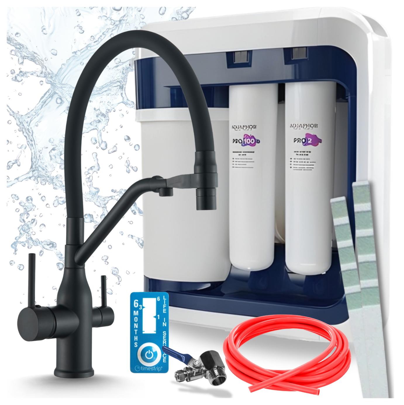 Set Trinkwasserfiltersystem Mit Küchenarmatur Ari Ro-202S Pro, 3-Wege-Armatur, Keramikkartusche, Perlator, Messing, 360 Grad Schwenkbar, Schwarz Matt