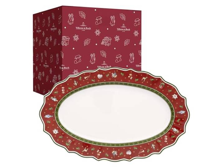 Villeroy & Boch - Toy's Delight Servierplatte Mittelgroß Rot und Weiß, Mikrowellensicher, Weihnachtsgeschirr, Servierplatte Oval, Servierteller, Kuchenplatte Xmas, Weihnachten, Premium Porzellan