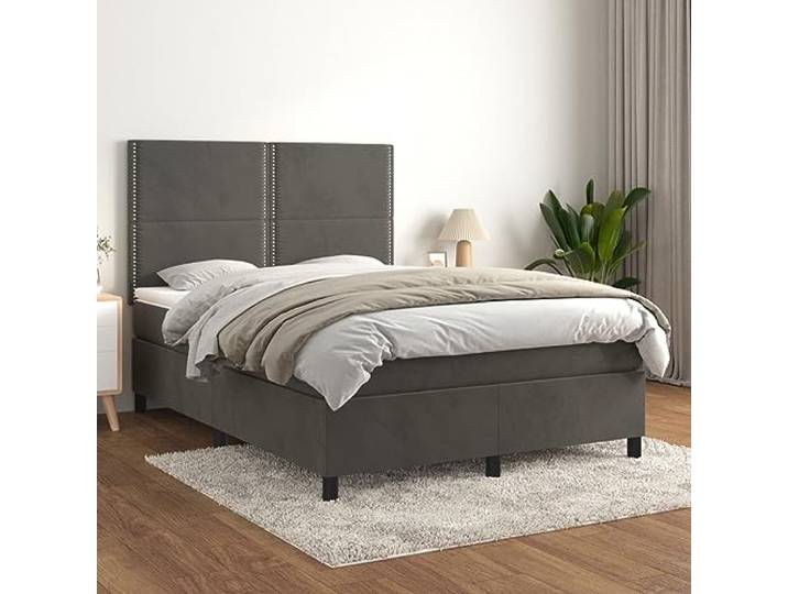 RJPLMFV Bettgestell, Velours, Dunkelgrau, 140 x 200 cm Matratze mit Taschenfedern, verstellbarer Kopf, mittlere Härte, weicher Matratzenschoner