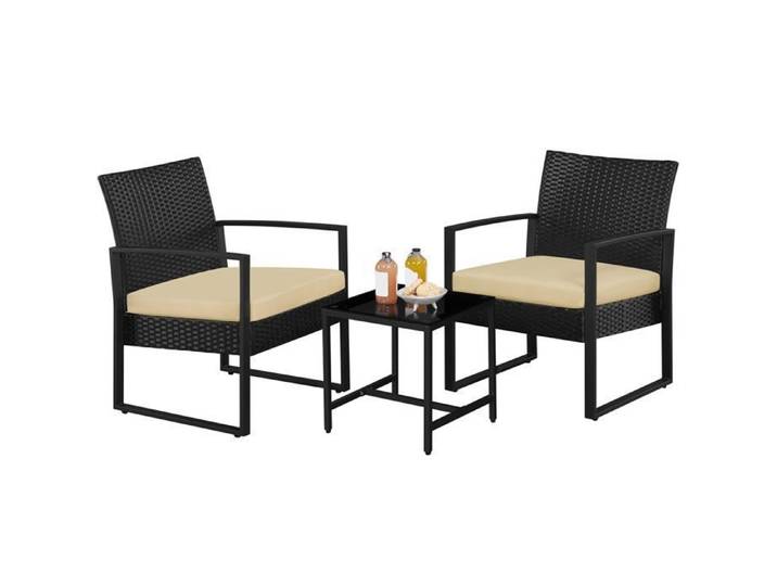 Yaheetech Ensemble Mobilier de Jardin 3 Pièces en Rotin Polyester et Métal 1 Table Basse et 2 Fauteuils Salon de Jardin Noir/Kaki