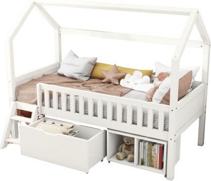 Haushaltsbett 200x90 cm Ohne Matratze weiss mit Schublade und Anti-Fall- elaenderKinderbett fuer Jungen und Maedchen mit Ablagefaechern