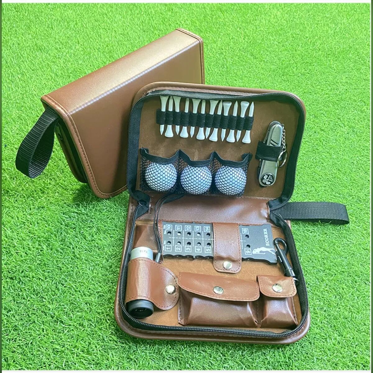 INF Braune PU Leder Golf Zubehörtasche - Tragbares Golf Werkzeugset und Organizer