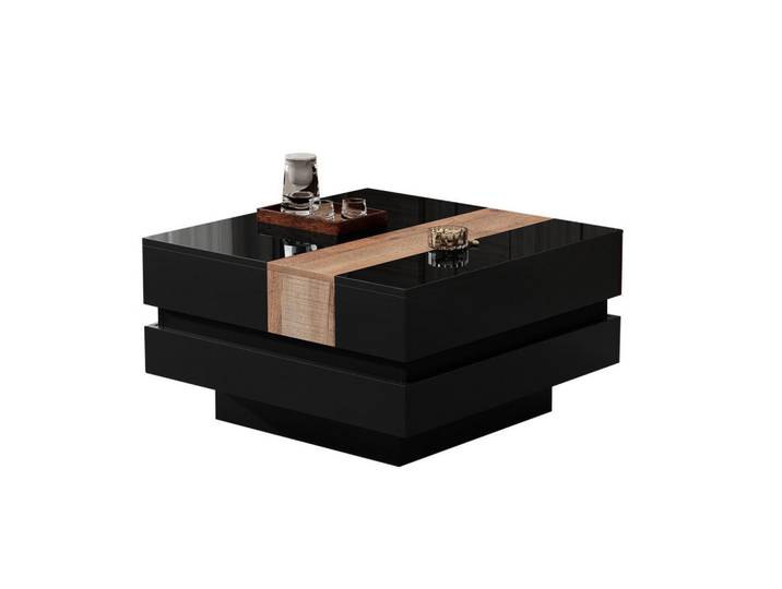 Modfu Couchtisch 70/70/39 cm mit ausziehbarer Tischplatte, verstecktem Stauraum und Hochglanzoberfläche aus Mdf, Schwarz, 70x39x70 cm, Wohnzimmer, Wohnzimmertische, Couchtische
