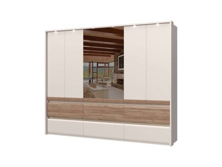 Kleiderschrank, MDF, Beige, 277×226×60 cm, Mit Beleuchtung & Spiegel, Modern, Places Of Style