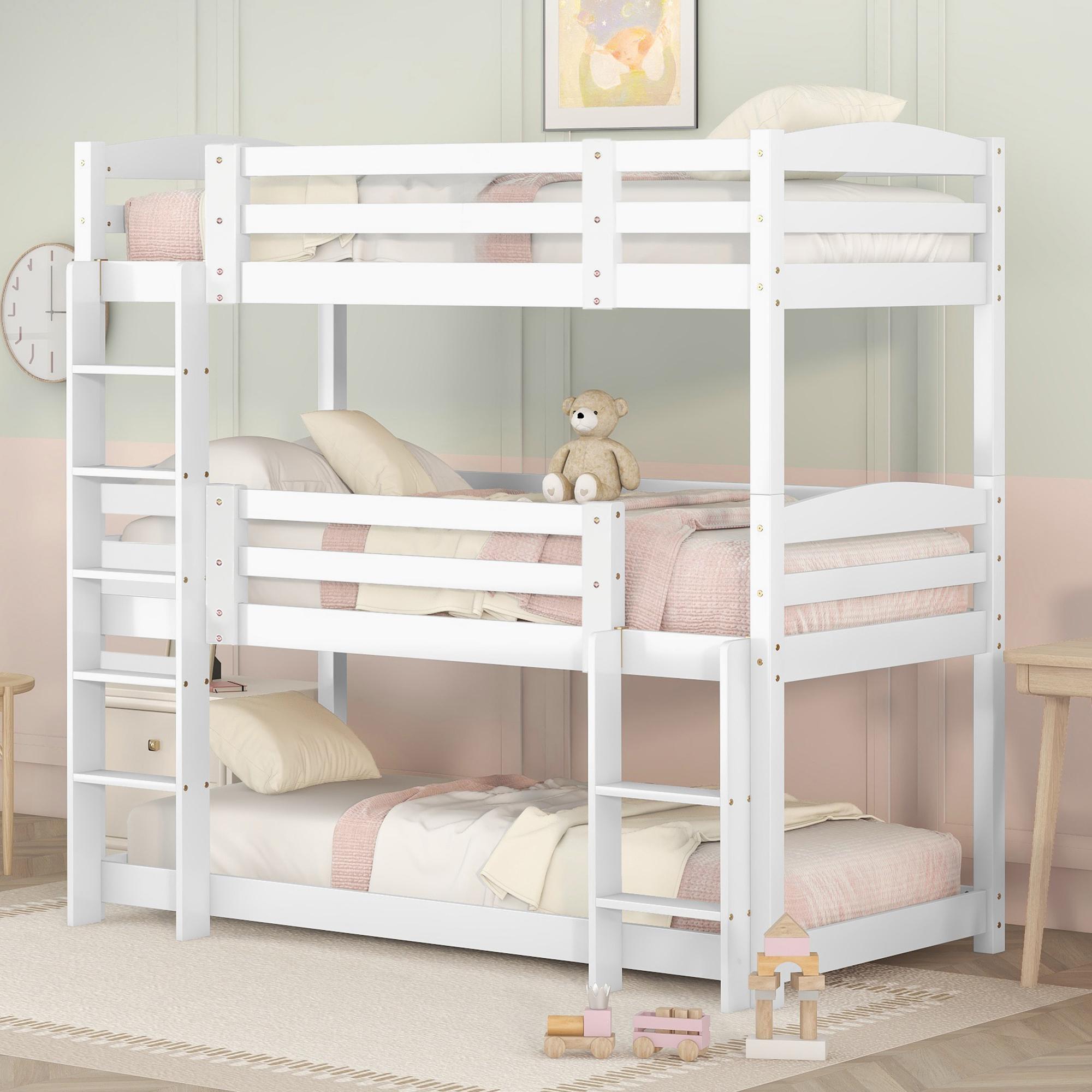 Dreifaches Etagenbett 90x200 cm aus Kiefernholz und MDF, teilbar in Etagenbett und Plattformbett, mit 2 Leitern, ohne Matratze