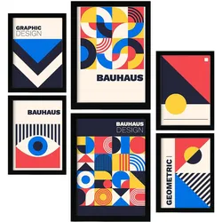 POSTER Set Mit 6 Drucken Im Bauhaus 4 Geometrische Designkollektion Drucke Mit Ästhetische Dekorative Rahmen Für Zuhause A3 & A4 Schwarzer Rahmen