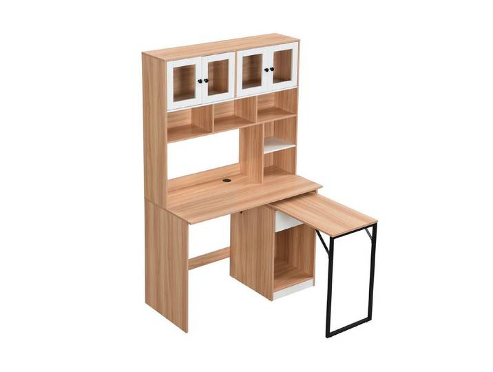 HAUSS SPOLE Schreibtisch mit drehbaren Arbeitstisch, Schrank und Lagerregal Natur und Weiß, Kein Stuhl