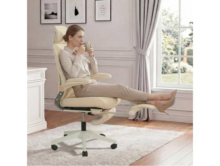 Chaise de bureau ergonomique pliante beige – appui-tete 3D repose-pieds
