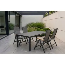 HARTMAN Aruba Garten-Essgruppe, xerix/anthrazit, Alu/Spraystone/Teak, 160x95 cm, 4 Klappstühle, Teak Armlehnen