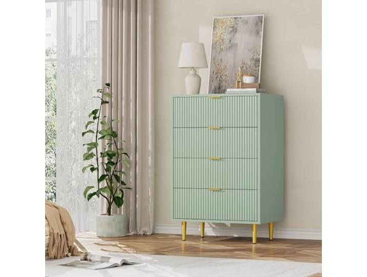 Thaookte Schmale Kommode mit 4 Schubladen 60×40×94 cm – Moderne Schubladenkommode/Sideboard, geriffelte Wellenoptik, Goldfarbene Griffe, mit Kippschutz – Olivgrün