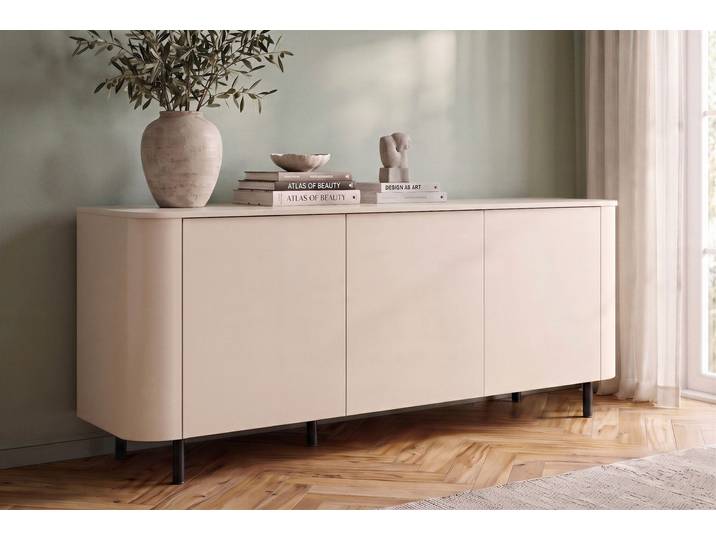 Sideboard GOODPRODUCT Lido, 181 cm breit, 3 Türen, Anrichte, Kommode, Stauraumschrank , beige (cashmere), B:181cm H:83cm T:43cm, Holzwerkstoff, Sideboards, Sideboard, Formgebogenes MDF, Stirnseiten mit Rundung, Push-to-open, Metallfüsse