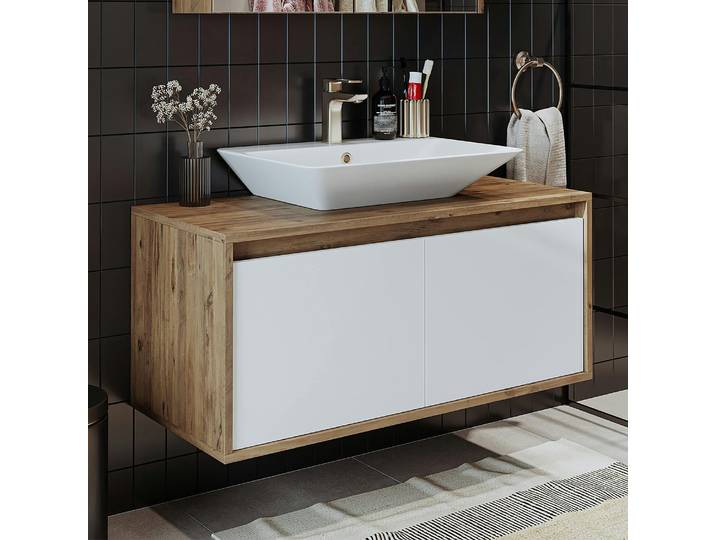 Meuble vasque suspendu 2 portes + vasque FLOE - Pin et blanc