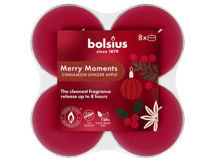 Bolsius kerst waxinelichtjes Merry Moments (8 branduren) (set van 8)