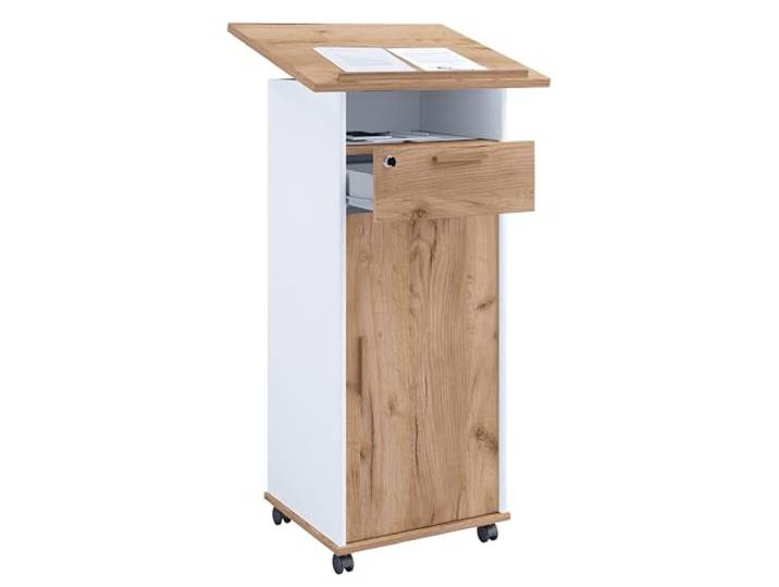 VCM Stehpult Weiß/Honig-Eiche 60x50x120 cm 1 Tür 3 Fächer Holzwerkstoff Stehpult für Präsentationen - Büro oder Konferenzraum - Berufstätige - mit stabiler Konstruktion - für Notizen und Unterlagen