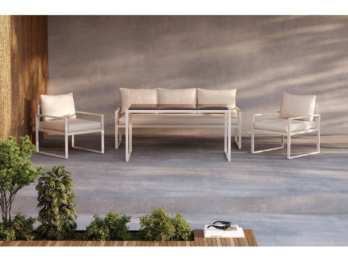 Garten Loungeset Sovana – 3-teilig in Schwarz-Weiß & Beige - Weiß-Beige - Luxusbetten24