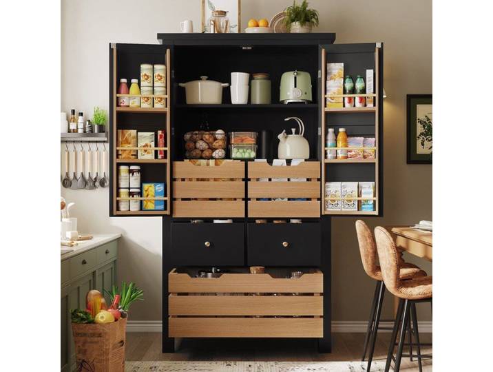 Buffet Haut De Cuisine 80x40x140 Cm Meuble De Rangement Multi-Usage Snack 2 portes 6 porte-épices 5 tiroirs