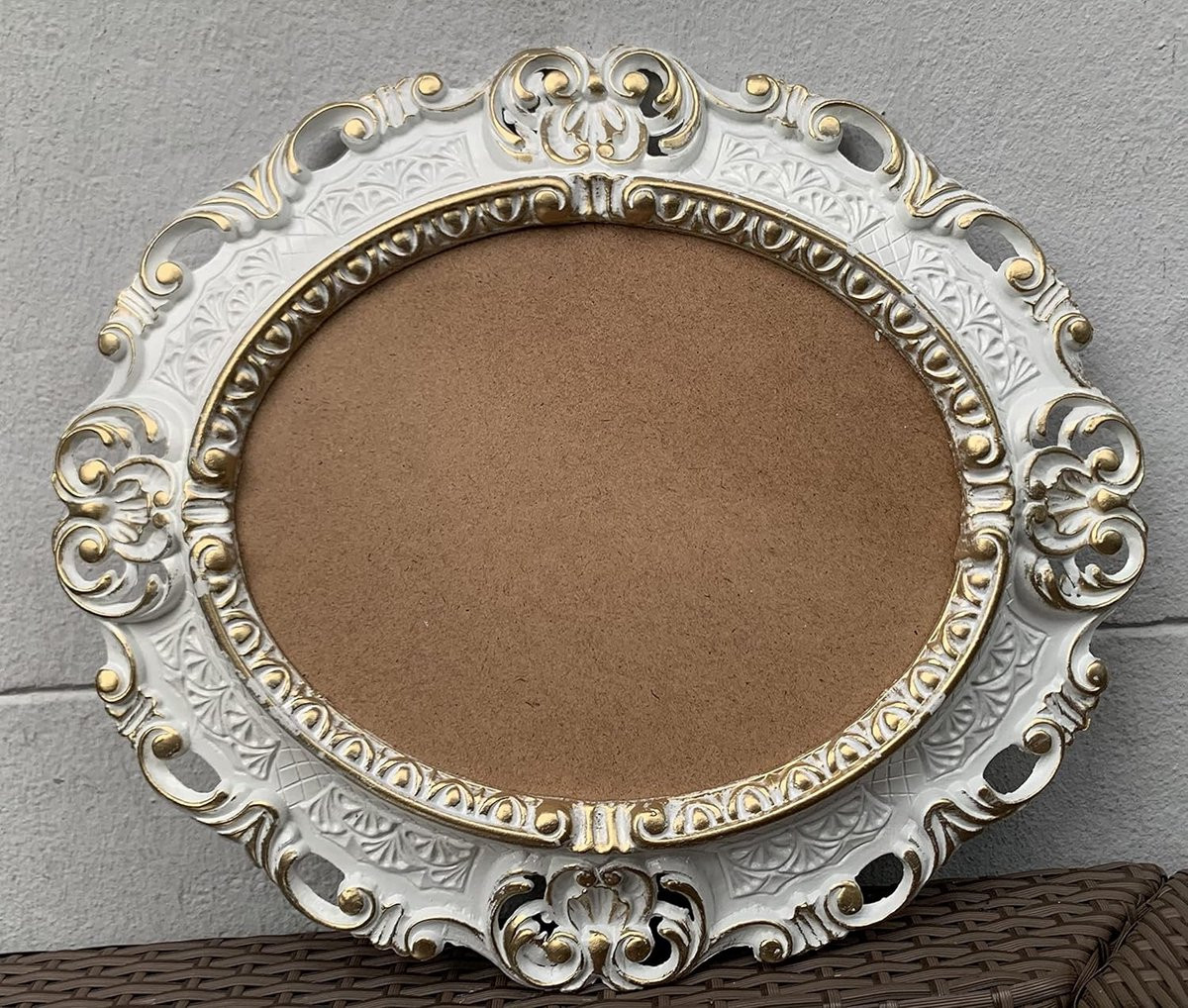 Ovale Fotolijst Wit Goud Antiek Barok met Beschermend Glas, B: 45 cm, H: 38 cm
