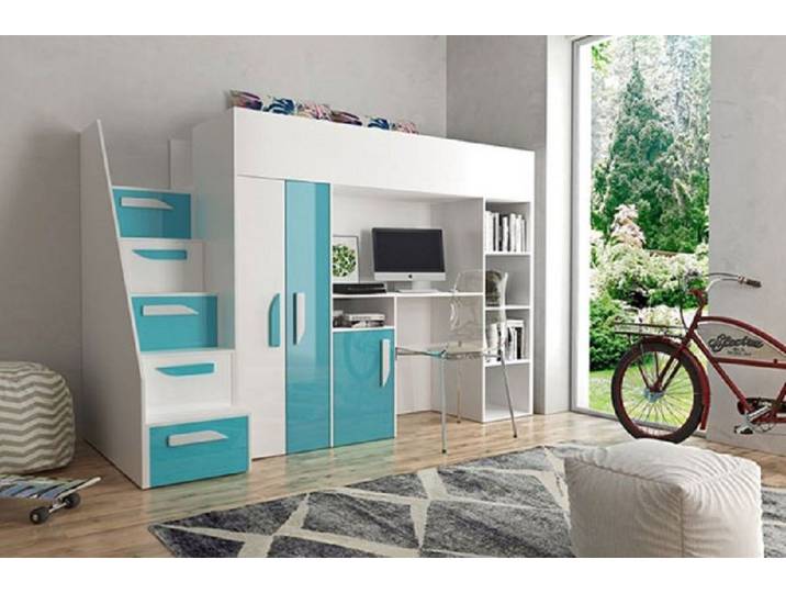Feldmann-Wohnen Hochbett PARTY (Etagenbett mit Schreibtisch + Kleiderschrank) Farbe wählbar