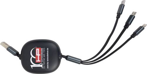 HP Autozubehör Ladekabel 3in1 ausziehbar USB Ladegerät 1x USB-C, 1x Apple Lightning, 1x Micro-USB Schwarz Innenbereich