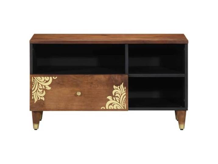 KTHLBRH TV-Schrank Braun 80 x 33 x 46 cm Mango Massivholz Mit Schublade und Regal, Messinggriffe, Goldprägung, Wohnzimmer