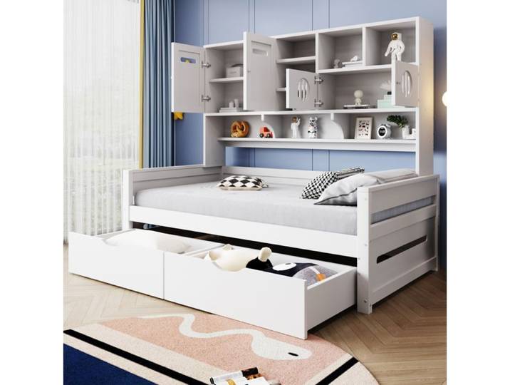 Lit combiné simple 90 × 200 cm rangements hauts 2 tiroirs - YEAVIO - sans matelas bois blanc