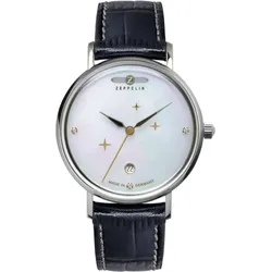 Zeppelin Damenuhr 71313 - Weißes Perlmutt-Ziffernblatt mit 3 Swarovski-Kristallen und 3 goldenen Sternchen,dunkelblau,graue Naht - 36mm
