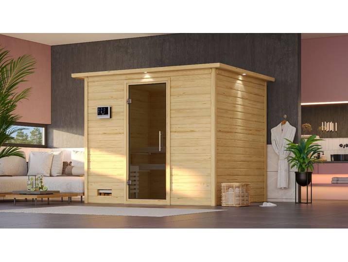 Sauna KARIBU Soraja , beige (naturbelassen), ohne Ofen, (ohne Ofen), Saunen, Sauna, ohne Ofen