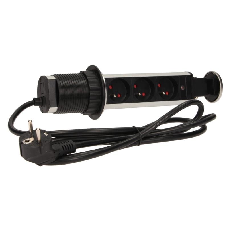 Orno Möbel Lizdas fi6cm, 3x250V AC ausziehbare Tischplatte mit Schloss (OR-AE-1348) (3x, CEE 7/3, 1.80 m) (OR-AE-1348)