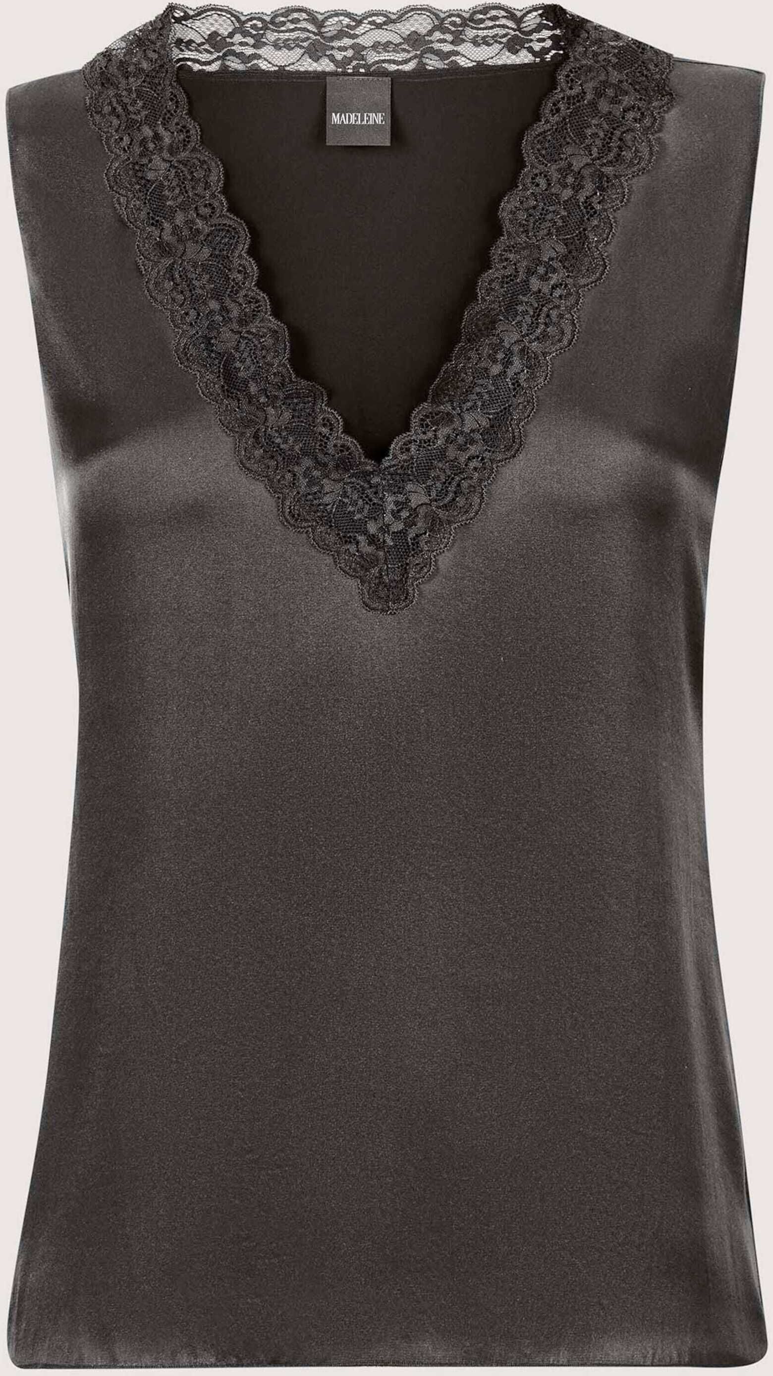 Trägertop MADELEINE "Top Lingerie-Top aus Seidensatin", Damen, Gr. 38, grau, Modern, normal, V-Ausschnitt, Tops Trägertop, edle Spitze am Ausschnitt