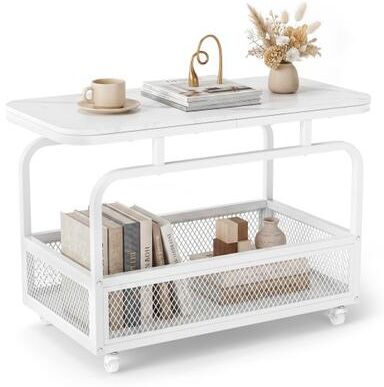 Costway Rolling Side Table 2-Tier Narrow End Table with Mesh Storage Basket-White