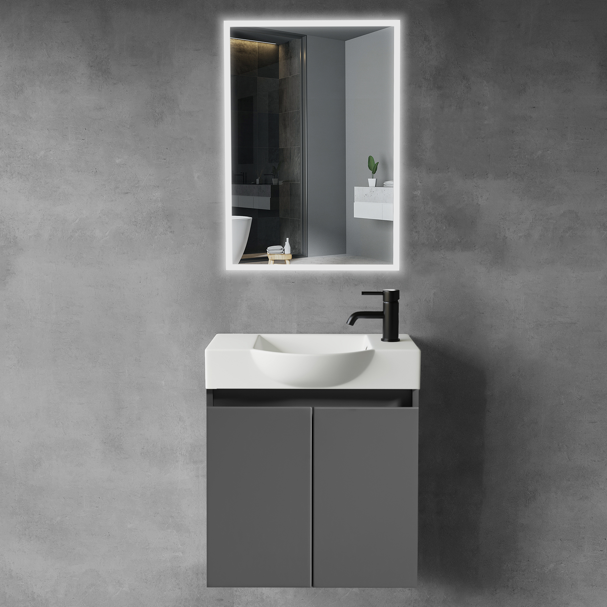 Alpenberger Waschbecken mit Unterschrank 55cm + LED Spiegel 45x70 Gäste-WC, Keramik-Set mit LED Spiegel, Touch on/off, energieeffizient