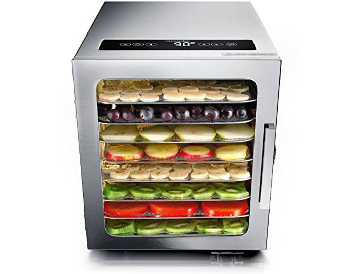 Arendo - Edelstahl Dörrautomat 8 fach - 500 Watt mit Temperaturregler - Dörrgerät für Lebensmittel Fleisch Früchte Obst Pilze - Timer bis zu 24 h - 8 Einlegefächer - GS - Dehydrator