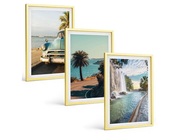 Tulup Bilder SET 3er Set - 40x60 cm Goldrahmen - Urlaub Palmen Wasserfall, Goldfarben, Kunststoff, Rechteckig, 40x60 cm, Fotografie, Bilder & Rahmen, Bilder