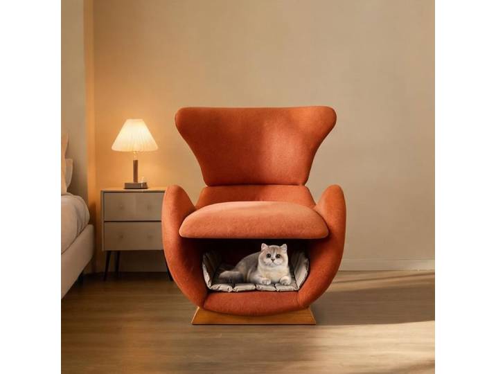 Fauteuil lounge design requin-baleine avec niche intégrée tissu rouge brique et bois massif